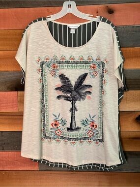 Christopher & Banks Neutral Top with Navy Palm and Coral Accents